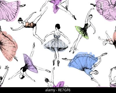 Seamless pattern of hand drawn sketch style abstract ballet dancers isolated on white background. Vector illustration. Stock Vector