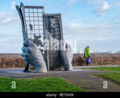 Owen Cunningham's map reading sculpture in Minehead marking the start of South West Coast Path national trail around the South West of England Stock Photo
