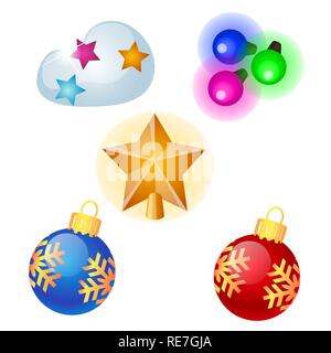 Sketch with Christmas tree decorations different forms isolated on white background. Colorful festive glass baubles. Template of poster, invitation, other card. Vector cartoon close-up illustration. Stock Vector