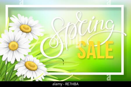 Frame with grass and chamomile. Spring sale text. Vector background for season discount offer, invitation card or flyer. Bokeh light effect in the bac Stock Vector