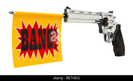 Gun with a bang flag. 3D rendering isolated on white background Stock