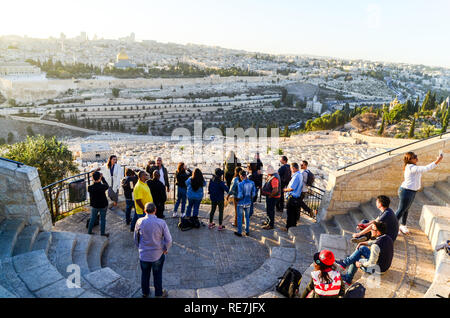 Tourists in the Old City of Jerusalem, seen from the Mount of Olives Stock Photo