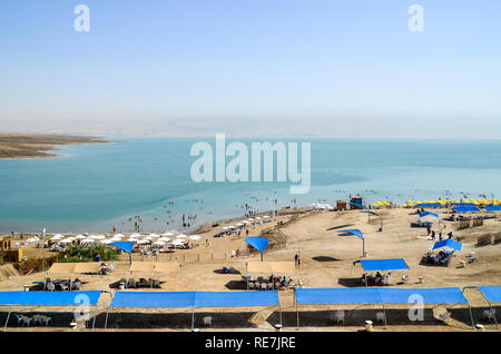 The Dead Sea (West Bank), hypersaline and lowest lake in the world, at -430m below sea level Stock Photo