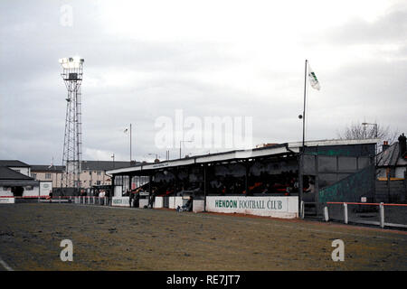 The main stand at Hendon FC Football Ground, Claremont Road, Cricklewood, London, pictured on 24th February 1996 Stock Photo