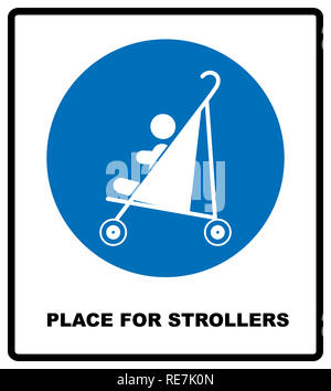 Place for strollers sign. Blue mandatory icon isolated on white.  illustration. Information symbol. Entrance for mothers with children. Stock Photo