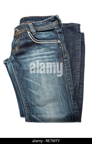 Folded ripped blue jeans isolated on white background Stock Photo