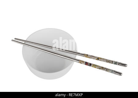 White bowl with chopsticks isolated on white background Stock Photo