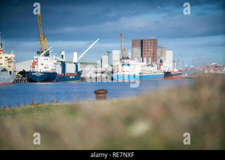 Large ships moored up in Belfast Habour, Belfast, UK Stock Photo