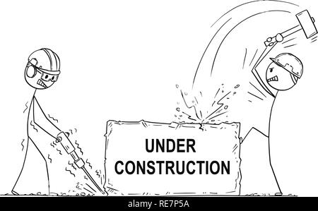 Cartoon of Two Workmen or Labourers Working With Hammer and Drill on Rock or Stone With Under Construction Text Stock Vector