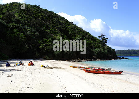 Group of kayakers having lunch on a beautiful white sand beach with kayaks parked on the shore Stock Photo