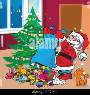 The illustration depicts Santa Claus, who brought the bag with gifts under the Christmas tree.Illustration done on separate layers. Stock Vector