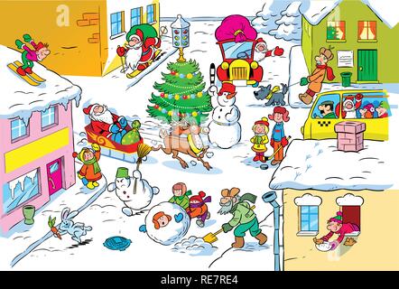 The illustration shows the festive city. Santa Claus in a hurry for the holidays with gifts. A Christmas tree stands in the street, children play. Stock Vector