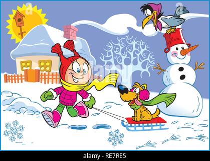 The little girl got the walk.This winter, a lot of snow .A child plays with a puppy. Stock Vector
