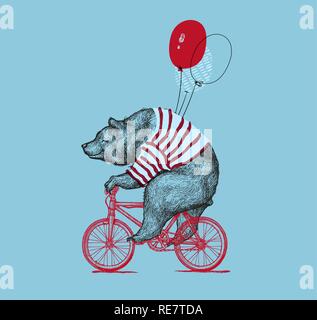 Bear Ride Bike Balloon Vector Grunge Print. Hipster Mascot Cute Wild Grizzly in Striped Vest on Bycicle Isolated. Blackwork Tattoo Animal Character Outline Sketch. Teddy Design Flat Illustration Stock Vector