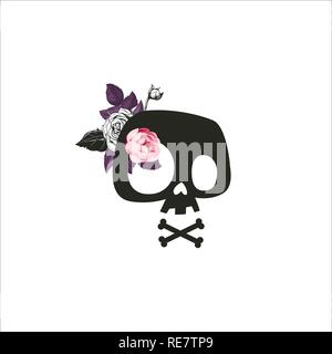 Cute Cartoon Skull decorated with rose flowers. Stylized skull, t-shirt print, skull sign, teenager print art design. Vector illustration. Isolated. Stock Vector