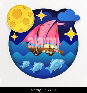 Sea Illustration. White Sail Boat On Small Waves Ocean Vector Stock Vector