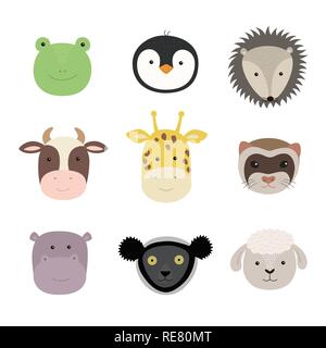 Set of cute funny animals frog, sheep, cow, giraffe, weasel, hippo, hedgehog, penguin, indri. Isolated objects on white . Vector illustration. Scandin Stock Vector