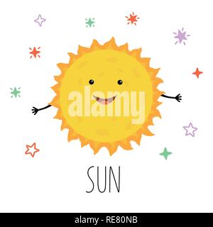 Cute Sun. Vector illustration for children on white isolated background . Stock Vector