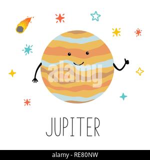 Vector cartoon funny illustration of planet smiling happy Jupiter in cartoon style on space star sky. Poster for children room, education. Stock Vector