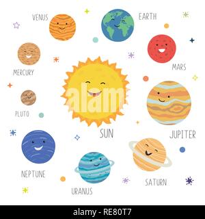 Cute planets with funny smiling faces. Solar system with cute cartoon planets. Funny universe for kids , sun, pluto, mars, mercury, earth, venus, jupiter, saturn, uranus, neptune. Stock Vector