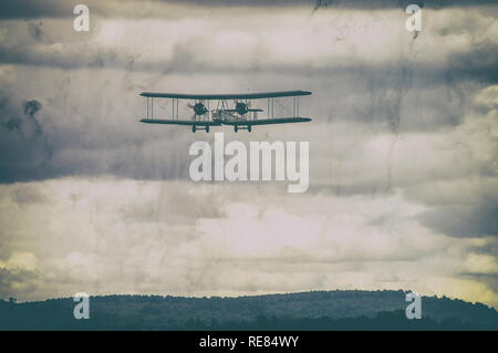 Vickers Vimy British heavy bomber aircraft plane biplane of First World War. Recreated Alcock & Brown Atlantic flight. Modern image aged to appear old Stock Photo