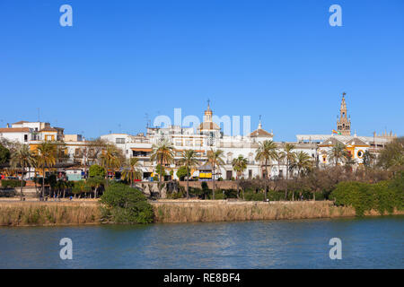 City of Seville old town skyline from Guadalquivir River in Andalusia, Spain Stock Photo