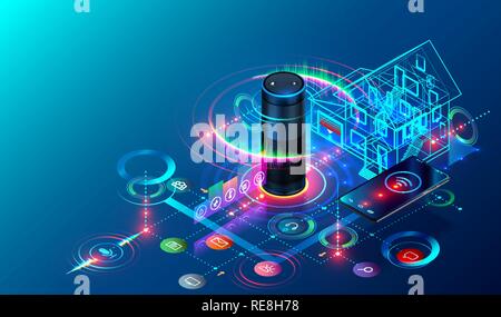 IOT isometric technology concept. Smart Speaker recognizes voice commands and controls System of Smart Home. The Phone Communicates with Devices of Internet of Things via Wireless Connection. Stock Vector