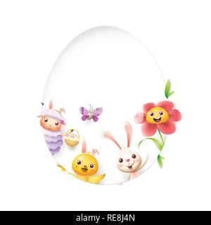 Easter friends sheep bunny chicken butterfly and flower peeking behind egg shape hole on white background Stock Vector
