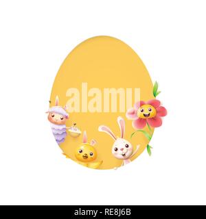 Easter friends sheep bunny chicken and flower peeking behind egg shape hole on yellow background Stock Vector