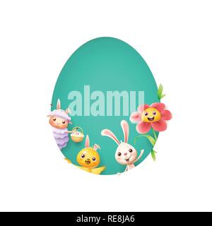 Easter friends sheep bunny chicken and flower peeking behind egg shape hole on turqouise background Stock Vector