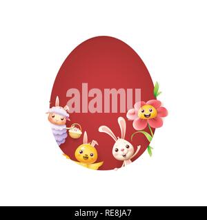 Easter friends sheep bunny chicken and flower peeking behind egg shape hole on red background Stock Vector