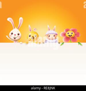 Easter characters bunny chicken sheep and flower on top of billboard - isolated on orange background Stock Vector