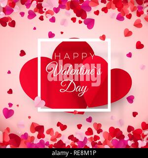 Valentines day postcard. Two big hearts in white frame with text. Happy Valentines day. February 14 holiday. Vector illustration Stock Vector