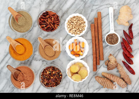 Fat busting spices for weight loss with fresh and dried turmeric,  ginger, cumin, chilli, cinnamon and gymnema sylvestre used to suppress appetite. Stock Photo