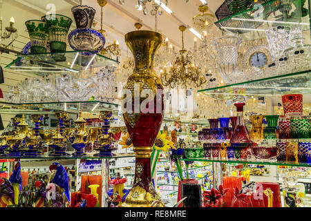 Large display of famous Czech Bohemian crystal glass in a shop window. Stock Photo