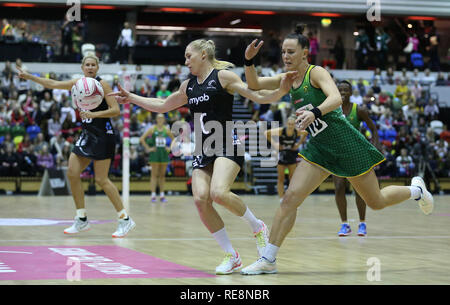 South Africa SPAR Proteas Erin Burger (right) and New Zealand Silver Ferns Laura Langman battle for the ball during the Vitality Netball International Series match at The Copper Box, London. Stock Photo
