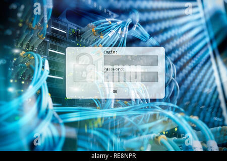 Server room, login and password request, data access and security.