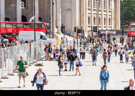 London, UK - June 22, 2018: Many people standing outside walking on sunny summer day by Trafalgar square high angle view Stock Photo