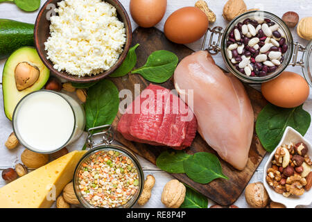 Food high in protein. Healthy eating and diet concept. top view. flat lay Stock Photo