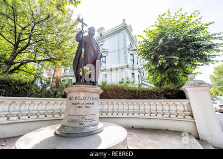 London, UK - June 24, 2018: Embassy of Ukraine in Kensington with closeup of St. Volodymyr statue monument in summer Stock Photo