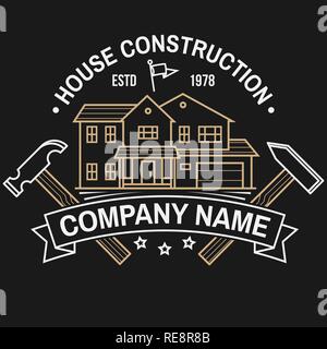 House construction company identity with suburban american house. Vector illustration. Thin line icon, badge, sign for real estate, building and construction company related business. Stock Vector