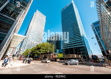London, UK - June 26, 2018: Exterior of blue office financial bank building in Canary Wharf Docklands architecture with modern glass windows and skysc Stock Photo