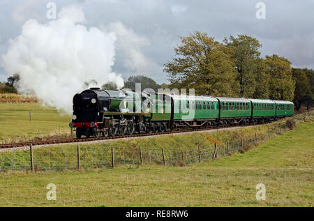 34059 Sir Archibald Sinclair heads up Freshfield bank on the Bluebell Railway. Stock Photo
