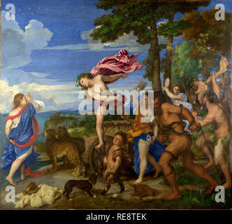 Bacchus and Ariadne by Titian, Theseus, whose ship is shown in the distance, has just left Ariadne on Naxos, when Bacchus arrives, jumping from his chariot, drawn by two cheetahs falling immediately in love with Ariadne. Bacchus raised her to heaven. The constellation Corona Borealis, Bacchus's crowning gift to her, is shown in the sky above her head. EDITORIAL USE ONLY Stock Photo