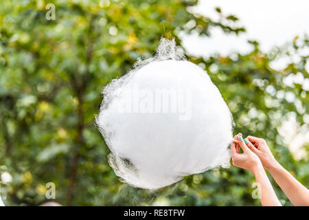 Closeup of white large cotton candy sugar dessert and woman's female hands isolated against tree background showing texture in Kyiv, Ukraine park Stock Photo
