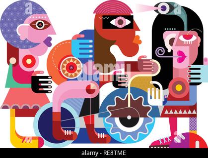 Contemporary fine art painting Cyclist and Two Women, vector illustration.  Colorful image isolated on a white background. Stock Vector