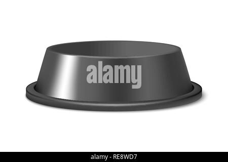 Vector Realistic 3d Black Blank Plastic or Metal Pet Bowl Icon, Mock-up Closeup Isolated on White Background. Design Template of Bowl for Pet, Cat, Animal Food for Mockup. Front View Stock Vector
