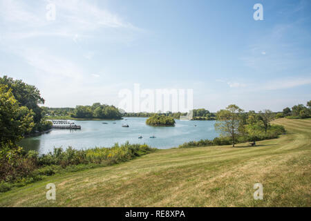 Naperville, Illinois, United States-September 4,2017:  People enjoying recreational boats at McDowell Grove Forest Preserve in Naperville, Illinois Stock Photo