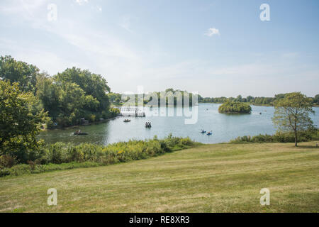 Naperville, Illinois, United States-September 4,2017:  People enjoying recreational boats at McDowell Grove Forest Preserve in Naperville, Illinois Stock Photo