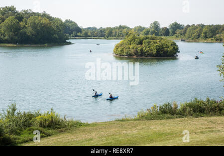 Naperville, Illinois, United States-September 4,2017:  People enjoying recreational boats at McDowell Grove Forest Preserve in Naperville, Illinois Stock Photo